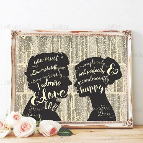 Pride and Prejudice Wall Art Poster Couple Romantic Canvas Painting Mr. and Mrs. Wedding Memorial Gift Home Decor Living Room