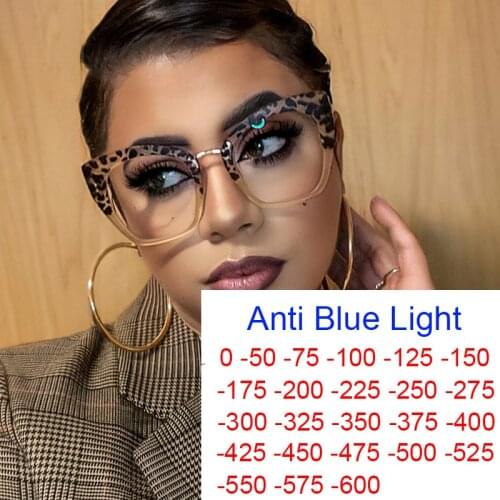 0 to -6.0 Leopard Big Frame Anti-Blue Light Myopia Glasses Women Cateye Transparent Eyeglass Prescription Short Sighted Eyewear