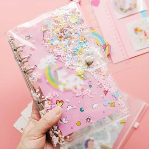 A5/A6 6 Ring Binder Transparent Pink Glitter Sequins Loose Leaf Notebook Cover Rings DIY File Folder Office School Stationery