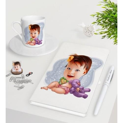 Personalized Baby Caricature Of White Notebook Pen Turkish Coffee Cup Seti-2
