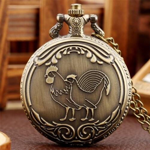 Rooster Hen Design Bronze Quartz Necklace Pocket Watch Retro Pendant Clock Gifts