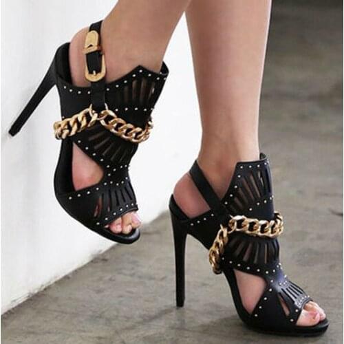 Sexy Metal Golden Chains High Heels Sandals Womens Rivets Studs Carve out black Leather Ladies Stage Slingbacks Summer Shoes