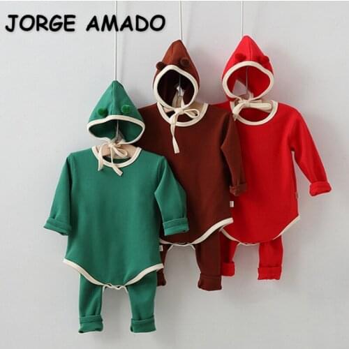 2021 New Christmas Autumn Kids Girls Boys Pajamas 3-pcs Sets Round Collar Bodysuit + Leggings + Cap Newborn Cotton Clothes E0333