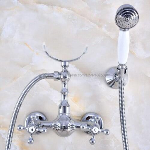 Polished Chrome Bathroom Shower Faucet Bath Faucet Mixer Tap With Hand Shower Head Set Wall Mounted Nna725