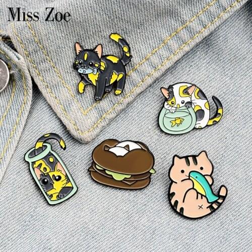 Cats and Fish Enamel Pin Custom Bottle Fishtank Hamburger Brooches Badge for Bag Lapel Pin Buckle Jewelry Gift for Kids Friends
