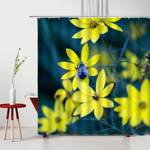 Rural Style Yellow Flowers Bathroom Shower Curtains Bathtub Decoration Waterproof Polyester Fabric Cloth Curtain With Hooks