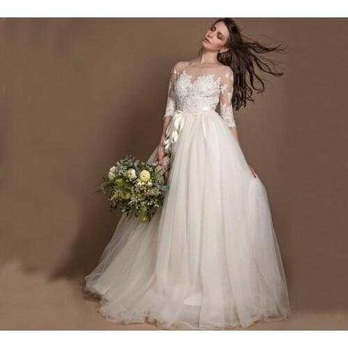 Modern Sheer Elbow Sleeves Illusion Neckline Appliques Lace Tulle Bridal Gowns Robes De Mariée 2020 Boho Wedding Dresses