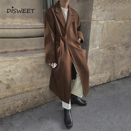 Vintage Solid Thickening Woolen Coat Male Korean Long Loose Woolen Coat Mens Simple Slim Warm Belt Jacket Boy 2021