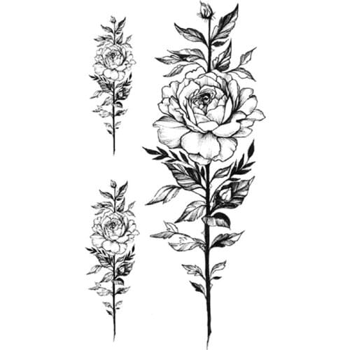 Temporary Tattoo Stickers Black Peony Rose Flowers Branches and Leaves Fake Tattoos Waterproof Tatoos Arm Large Size Women Girl