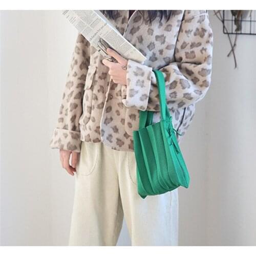 Knitting Pleated Bags Patchwork Drawstring Shopping Bags Girls Casual Weave Shoulder Bag Korean Japanese Chic Small Handbag