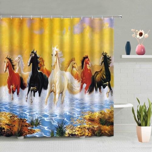 Running Horse Shower Curtain Wild Animals Unicorn Steed Starry Sky Grassland Snow Bathtub Decoration Screen Washable With Hooks