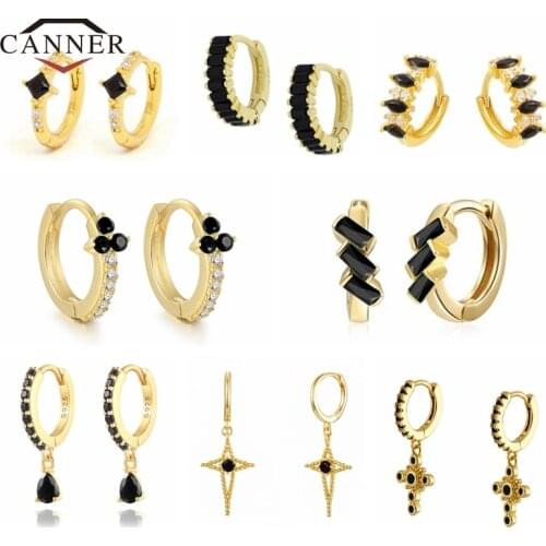 CANNER Real 925 Sterling Silver Small Black CZ Zircon Hoop Earrings For Women Round Circle Piercing Earring Jewelry pendientes