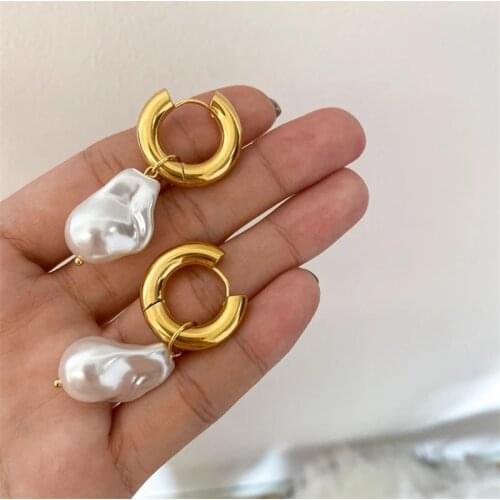 2020 Trend Unusual 18K Gold Earrings for Women Stainless Steel Drop Earrings with Pearl White Circle Dangle 925 Silver Jewelry