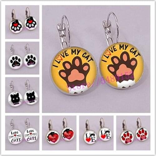 Cute Cat Paw Print Glass Women Dangle Earring I Love Cat Pendant Earring Lovely Cat paw Drop Earring for Girl