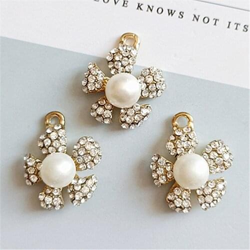 10 PCS 20*23mm Fashion Metal Alloy KC Gold Crystal Rhinestone Pearl Flowers Pendant Connectors DIY Jewelry Findings