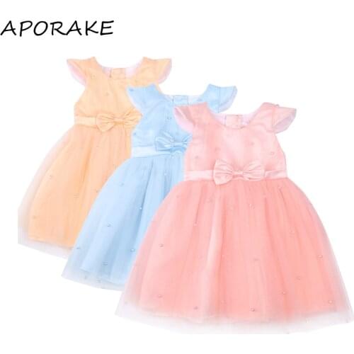 2021 0-5Y Toddler Baby Girls Princess Dress Pearls Bow Solid Color Fly Sleeve Tulle Tutu Dress For Birthday Party