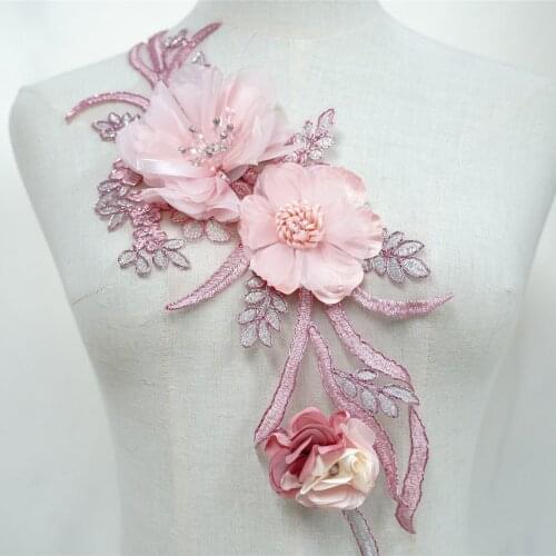 3 Pcs 3D Flower Pearls Beads Sequins Embroidered Gown Appliques Crystals Petals Sew Patches For Wedding Bridal Dress DIY