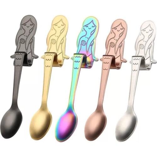 304 Stainless Steel Mermaid And Cat Design Coffee Mixing Spoon Hanging Cup Scoop Rainbow Jam ladle Dinnerware Set 5pcs/6pcs