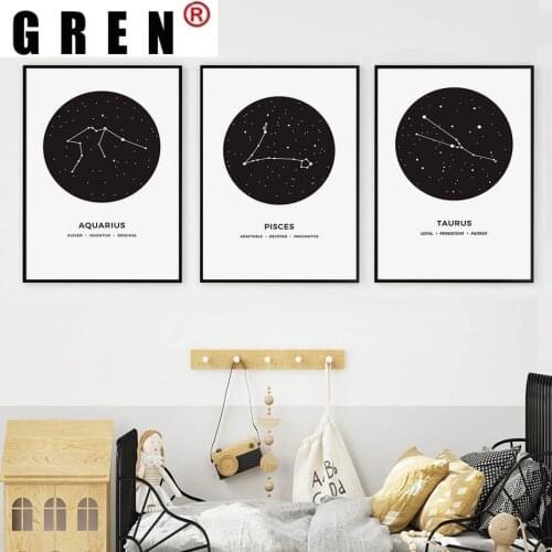 GREN Constellation Celestial Zodiac Sign Nursery Canvas Painting Black White Wall Art Poster Print Picture Kids Room Home Decor