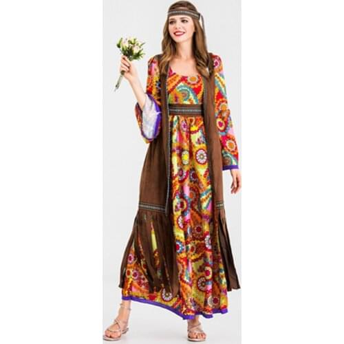 M-XXL Adult 60s 70s Hippie Costume Carnival Purim Disguise Party Groovy Disco Native Night Club Cosplay Dress