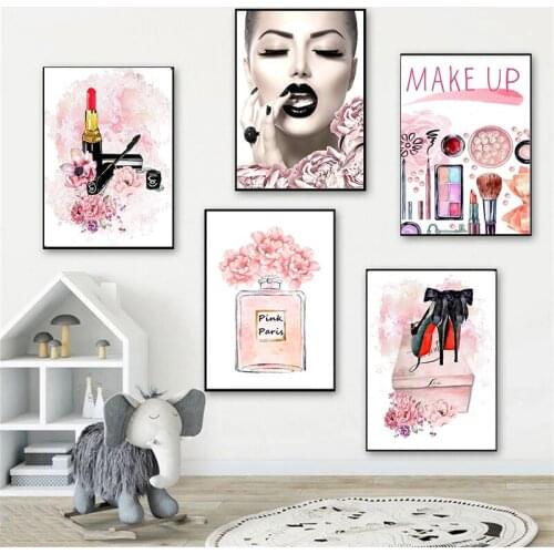 Fashion Makeup Canvas Painting Wall Art Vogue Perfume Heels And Lipstick Picture For Girls Bedroom Home Decor Poster And Prints