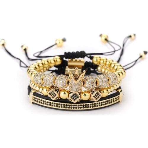 Fashion 3pcs/Set Luxury Gold beads Royal King Crown Dice Charm CZ Ball mens bracelets bangles Jewelry for Men