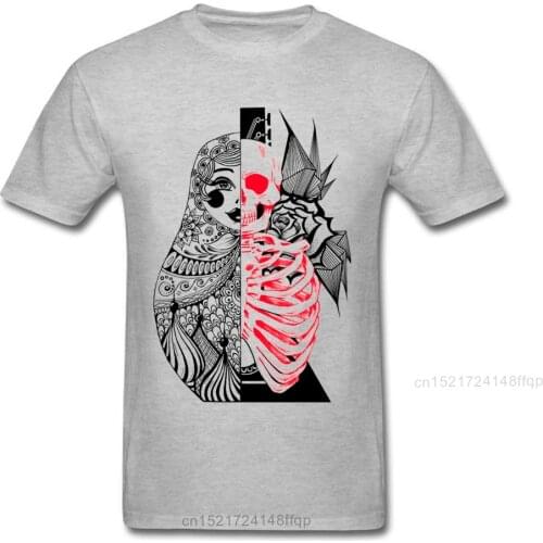 Macabre Matryoshka T-shirt Goth T Shirt Men Grey Tshirt Skull Print Tops Russian Style Tees Cotton Fabric Clothes Drop Shipping