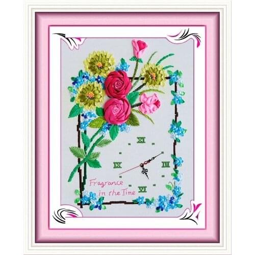 Rose flowers Ribbon embroidery painting set clock watch handcraft cross-stitch circle DIY handmade needlework wall art decor