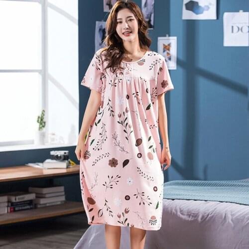 Summer Cotton Womens Nightgown Nightdress Leaf Print Sleepwear Casual Nightwear Loose Nightgowns Fashion Sleepshirts Big Yards