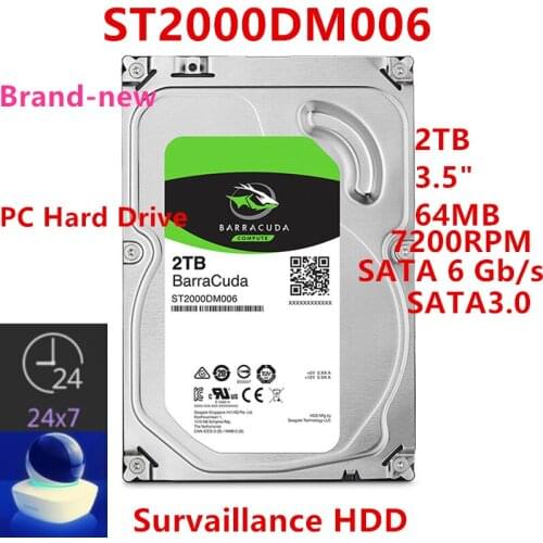 New HDD For Seagate Brand BarraCuda 2TB 3.5" SATA 6 Gb/s 64MB 7200RPM For Internal HDD For Survaillance HDD For ST2000DM006