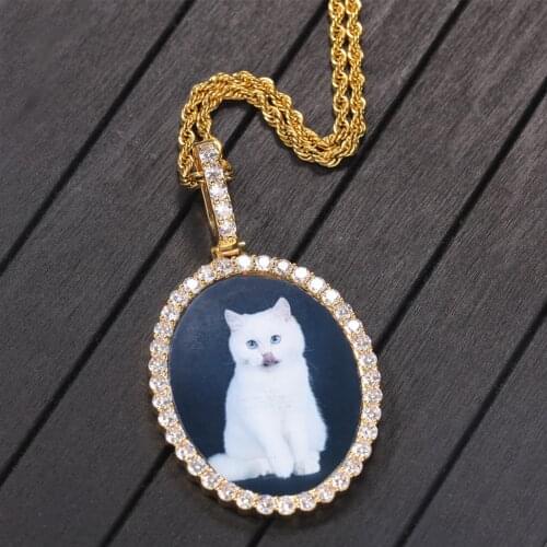 Hip Hop Big Oval Custom Photo Medallions Iced Bling AAA Cubic Zirconia Personalized Necklace &Pendant For Men Women Jewelry