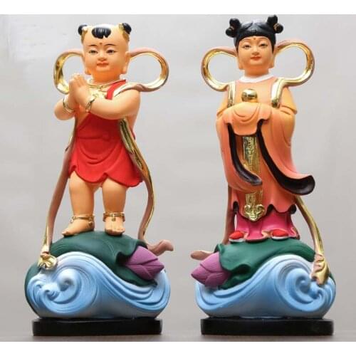 A pair Buddhism Shrine Altar Avalokitesvara Guan yin TONG ZI buddha JIN TONG YU NV Asia HOME family protection FENG SHUI statue