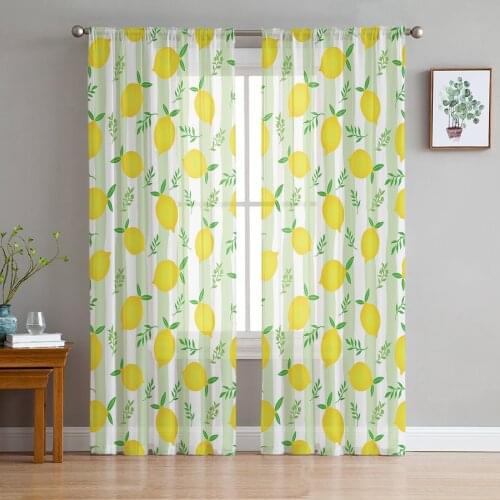 Yellow Lemon Green Leaves Stripes Sheer Window Curtains for Living Room Bedroom Girls Room Decoration Tulle Curtains