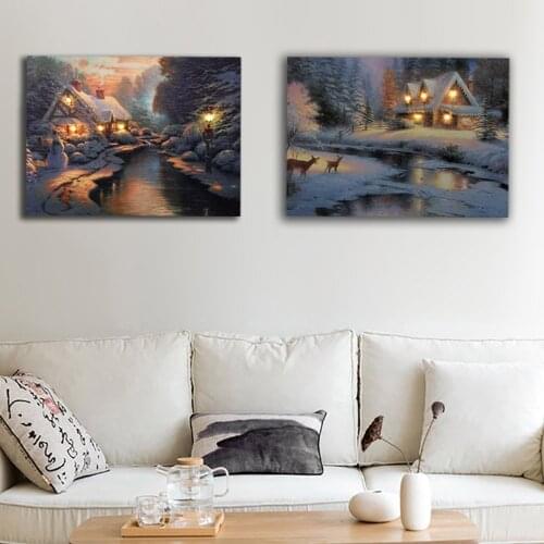 Christmas Winter Snow Night Cottage With River Artwork Wall Picture Led Canvas Art Light Up Village Scenery Oil Painting Decor
