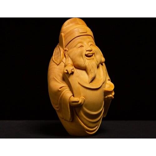 Boxwood 6cm 8cm Wealth God Sculpture Wood Carving Lucky Pendant Buddha Statue Home Decor
