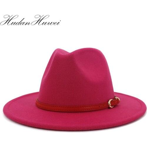 Fruit Green Wool Felt Fedora Panama Hats With Belt Buckle Jazz Trilby Cap Men Women Wide Brim Hat Black Formal Caps