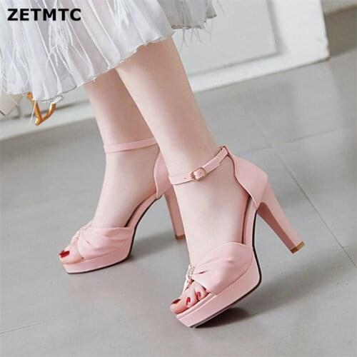 Women Sweet Bow Pendant High Heels Sandals Female Thick Heel Paltform A Word Buckle Fish Mouth Sandals Small Big Size 34 42 43