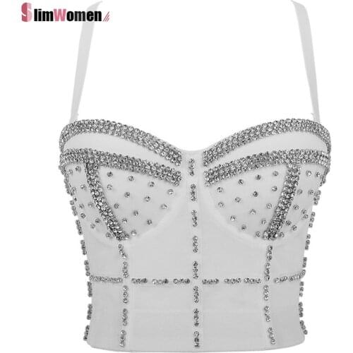 Women Shaping Corset Outside Bra Crop Top Chest Pad Shiny Rhinestone Club Bar Performance Clothes Summer Mesh Underbust Bustier