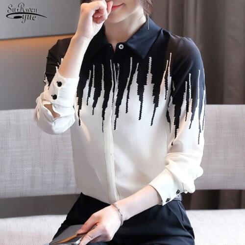 Spring New Office Lady Long Sleeve Button Cardigan Women Shirts Black and White Chiffon Blouse Women Print Ladies Clothes 11052