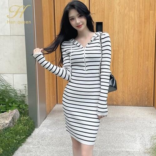 H Han Queen Autumn Winter Korean knitted Sweater Dress Fashion Simple Hooded zipper Soft Elastic Bottoming Striped Knit Dresses