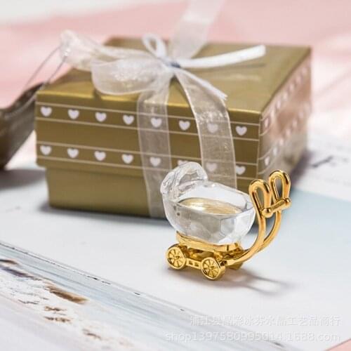 100 Pcs Kids Birthday Party Favors Crystal baby carriage ornaments New Baby Shower Boy Girl +Silver Gift Box