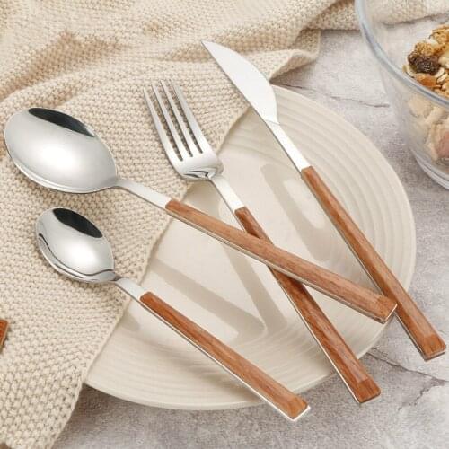 4pcs/set Imitation wood Dinnerware Stainless steel Tableware set Creative Western Dinner Knife Fork Teaspoon Monthers Day Gift