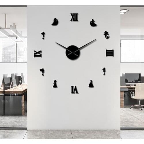 Mermaid & Princess DIY Large Wall Clock Fairytale Style Wall Clock 3D Mirror Effect Girls Room Creative Wall Sticker Wall Watch