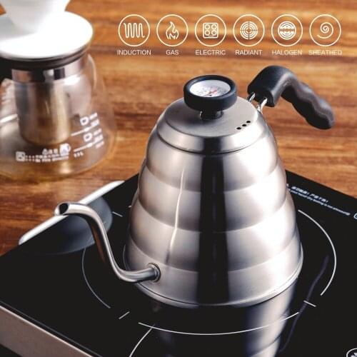 Stainless Steel Tea Coffee Kettle with Thermometer, Gooseneck Thin Spout for Pour Over Coffee Pot, Works on Stovetop, 40oz/1.25L
