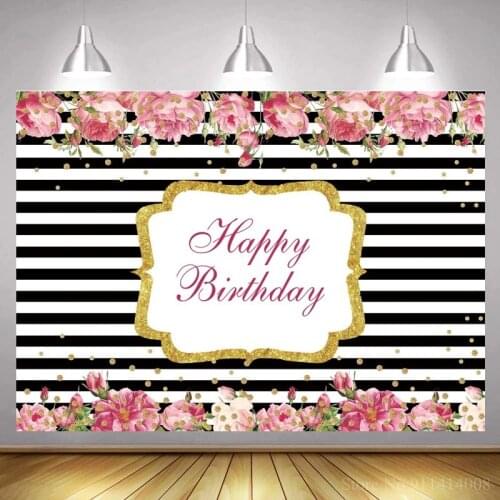 Black White Striped Line Pattern Happy Birthday Backdrop Photographic Women Birthday Celebration Party Floral Background Photo