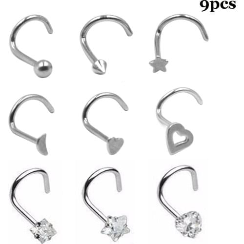 9 Pieces 316L Surgical Steel Screw Nose Ring Wiht Heart,Moon,Star,Spike Top Nose Piercing Stud Body Jewelry 20g 9 Style