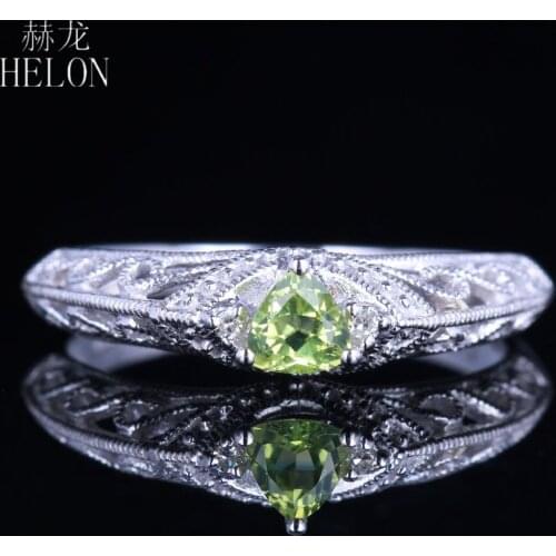 HELON Solid 14K White Gold Trillion Cut 4.5mm Genuine Peridot Diamonds Engagement Wedding Ring Filigree MIlgrain Fine Jewelry