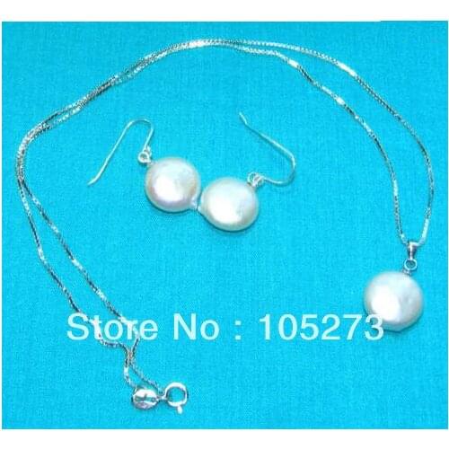 Wholesale Pearl Jewellery Set White Color Coin Shaper 12-13mm Natural Freshwater Pearl Pendant Necklace S925 Silvers Earrings