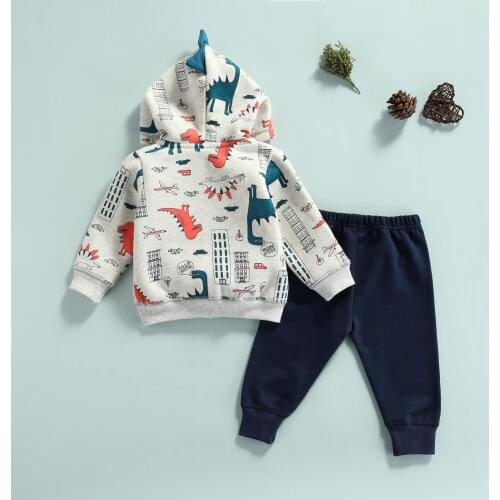 Baby Boys Two-piece Clothes Set, Dinosaur Printed Pattern Hooded Jacket and Solid Color Pants