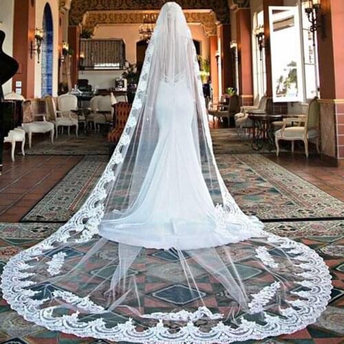1T Appliques Lace Wedding Veil 3M Long Veil Cathedral Bridal Veils White Ivory 2M Width
